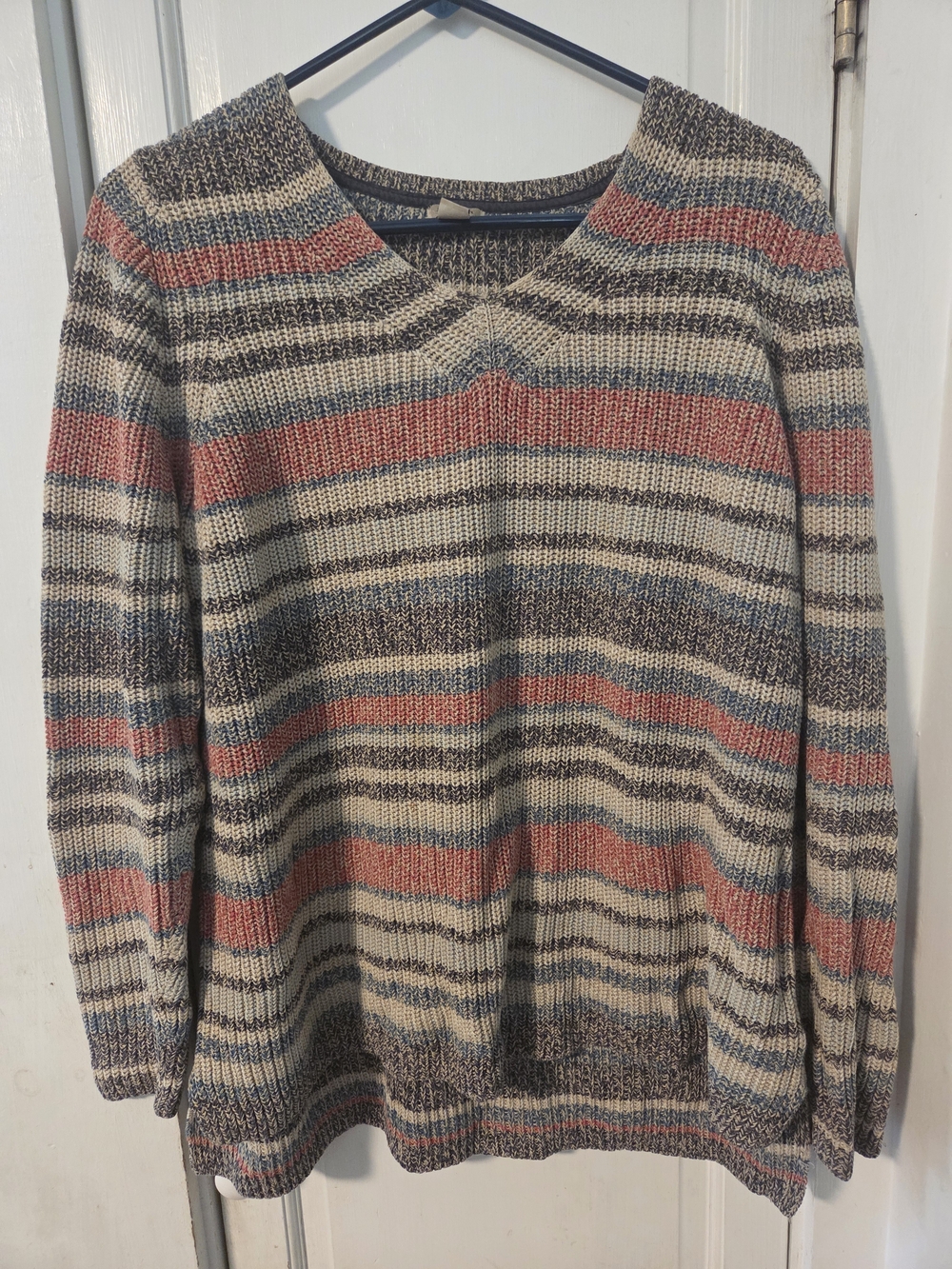 Striped V-Neck Women’s Sweater in Cream, Gray & Coral